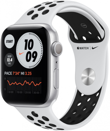 Умные часы Apple Watch Series 6 44 мм Aluminium Case RU, серебристый/чистая платина/черный Nike sport band